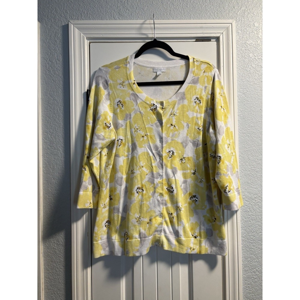 Charter Club Cardigan Womens 1X Yellow‎ Floral Rhinestone Embellished 3/4 Sleeve
